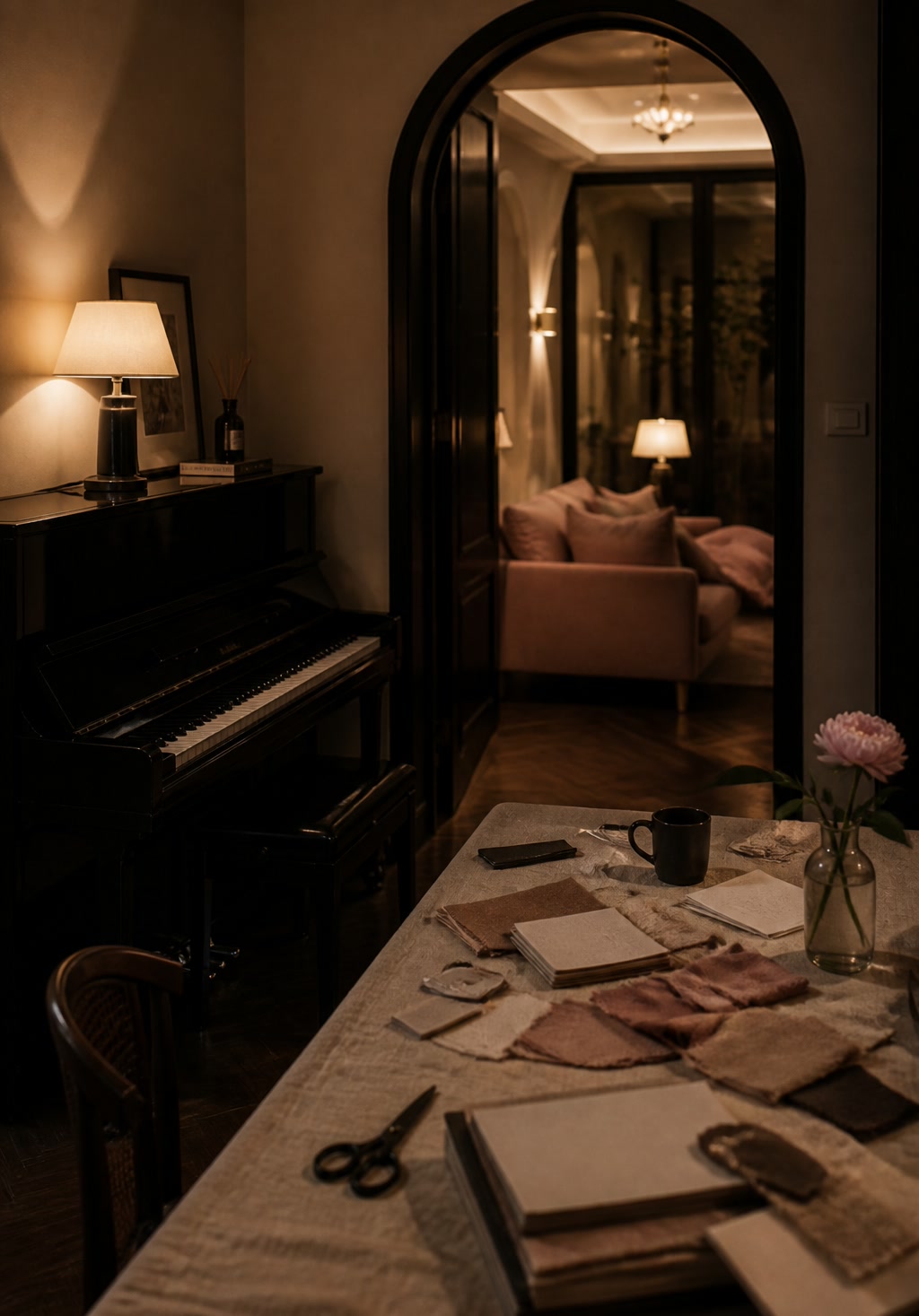 A quiet evening room where one person's craft meets another person's finished hour